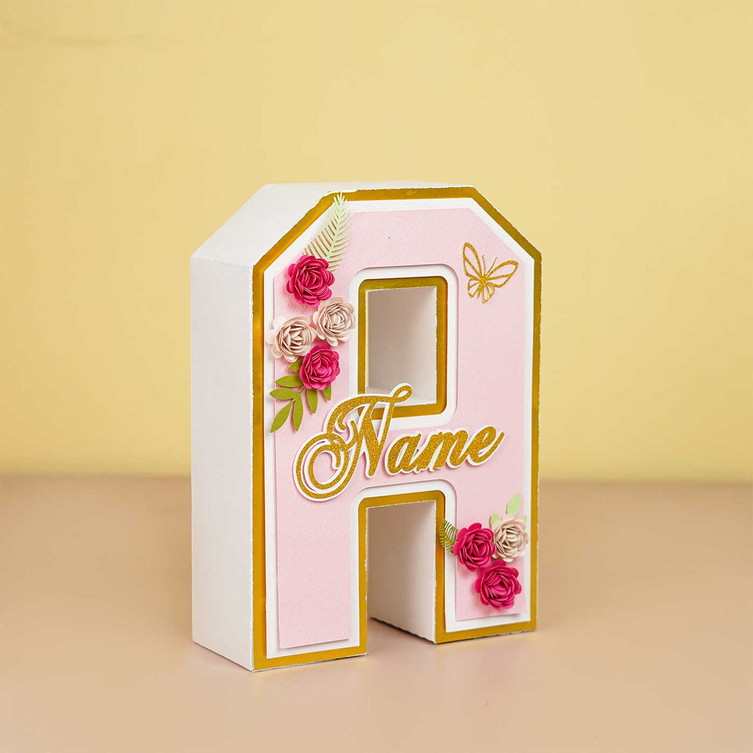 Personalized Printed Floral And Butterfly 3D Cardstock Monogram For Kids - Front Angled View with Personalization