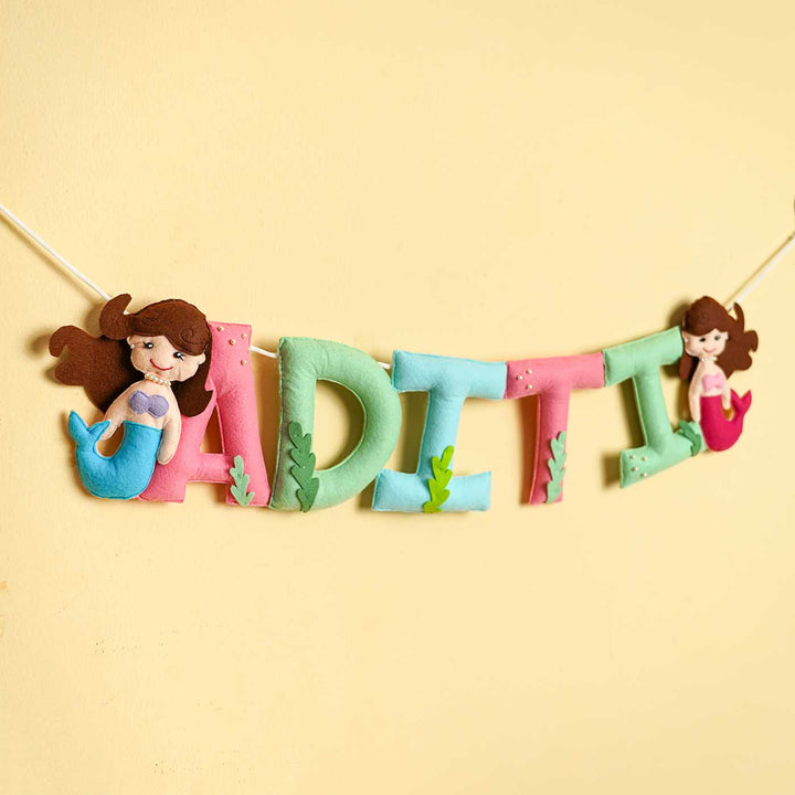 Personalized Handmade Mermaid Theme Felt Kids Bunting - Front View of Name Garland