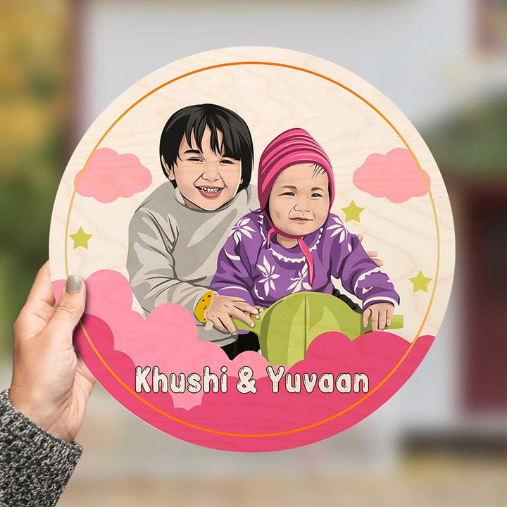 Kids Circular Characters Wooden Nameplate For Siblings - Handheld Front View with Personalization