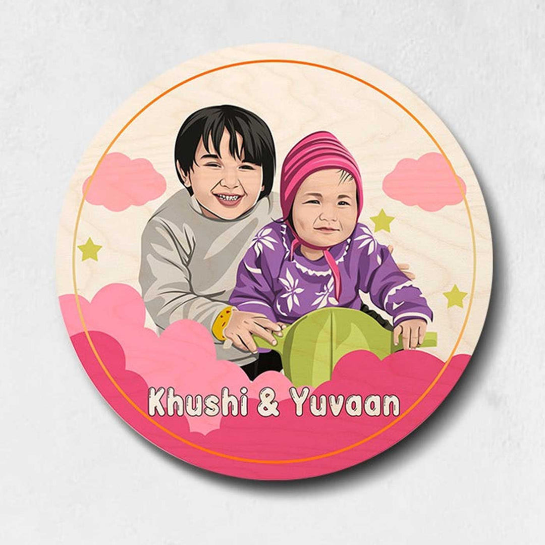 Kids Circular Characters Wooden Nameplate For Siblings - Name Personalization Example Front View