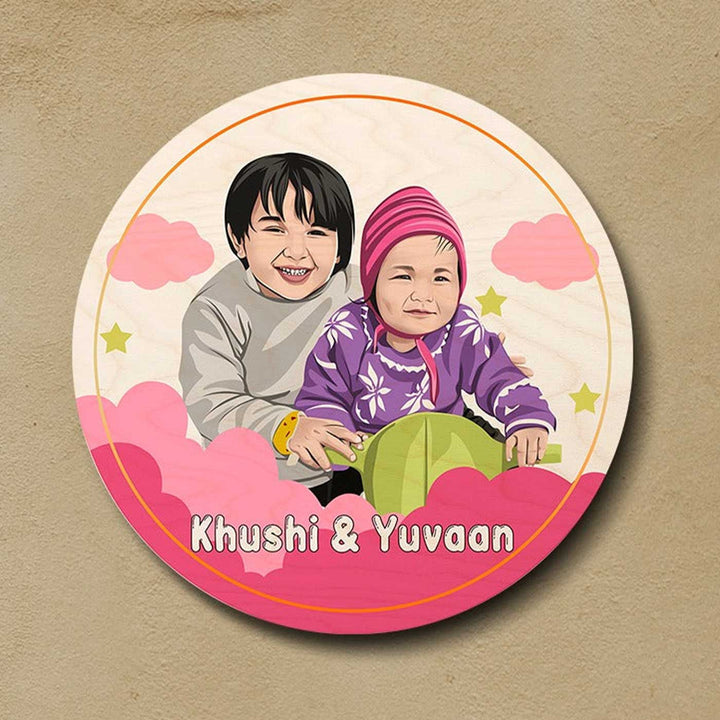 Kids Circular Characters Wooden Nameplate For Siblings - Front View with Name Personalization