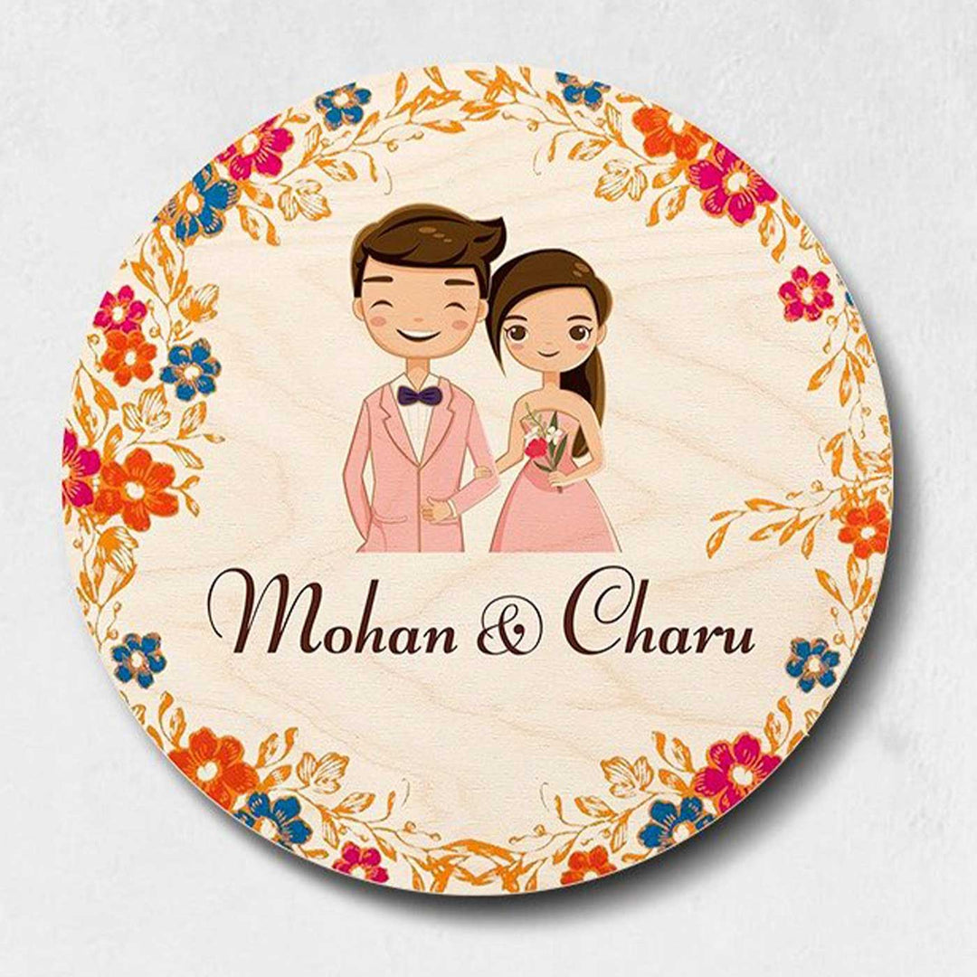 Printed Multicolour Floral Wooden Round Nameplate For Couples - Top View with Personalized Text