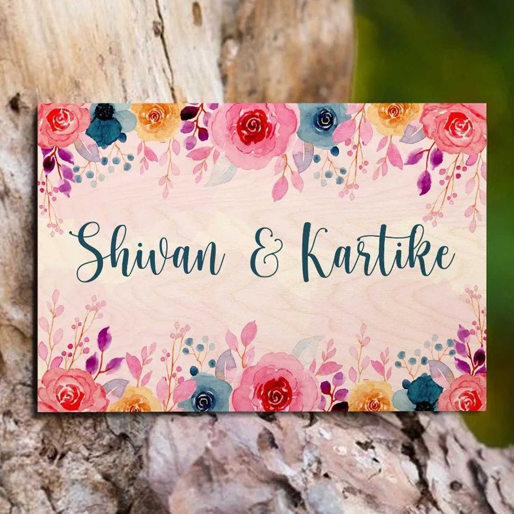Printed Multicolour Spring Floral Wooden Rectangle Nameplate - Front View with Floral Border and Text