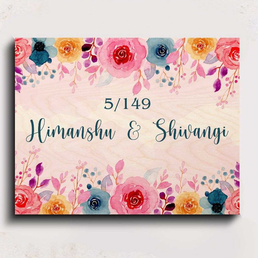 Printed Multicolour Spring Floral Wooden Rectangle Nameplate - Front View with Name Personalization