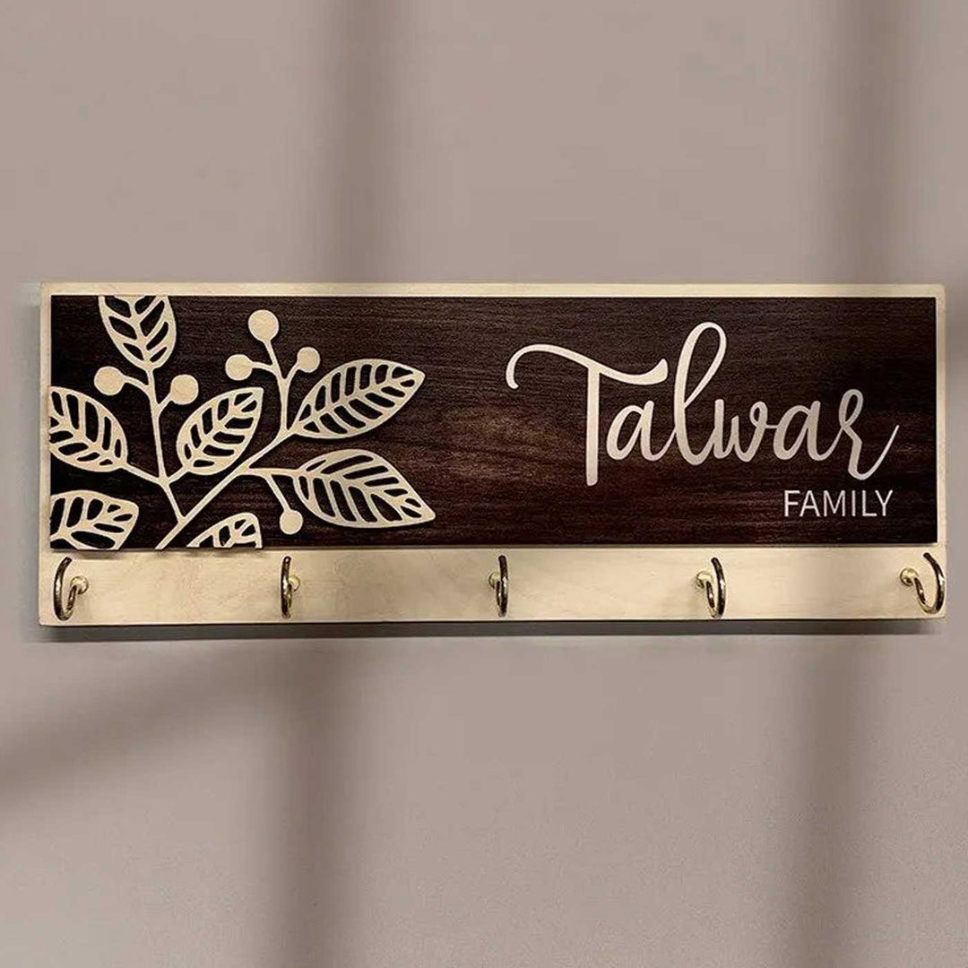 Printed Wooden Rectangle Nameplate With Key Holder - Front View with Key Hooks