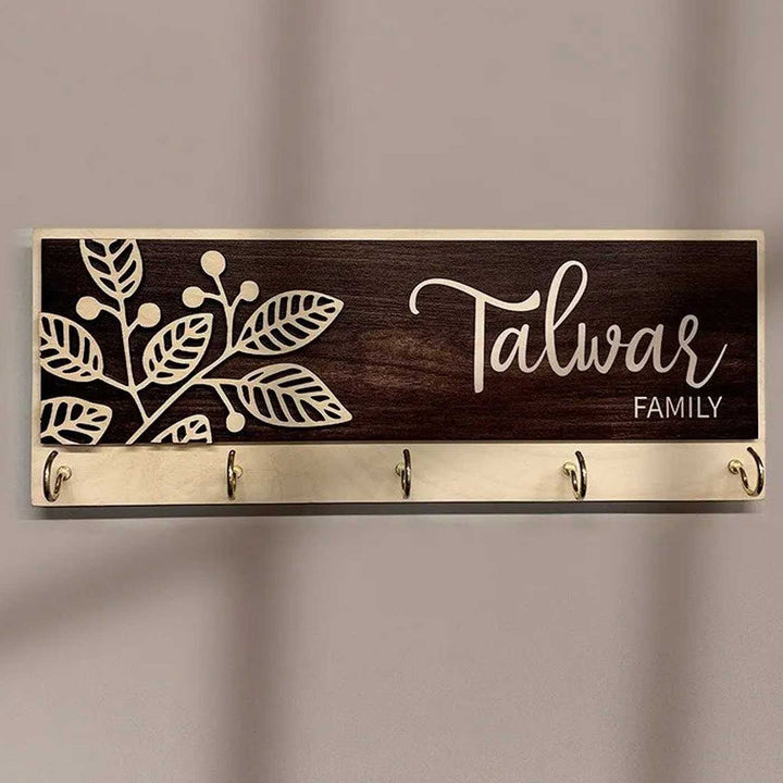 Printed Wooden Rectangle Nameplate With Key Holder - Front View with Key Hooks