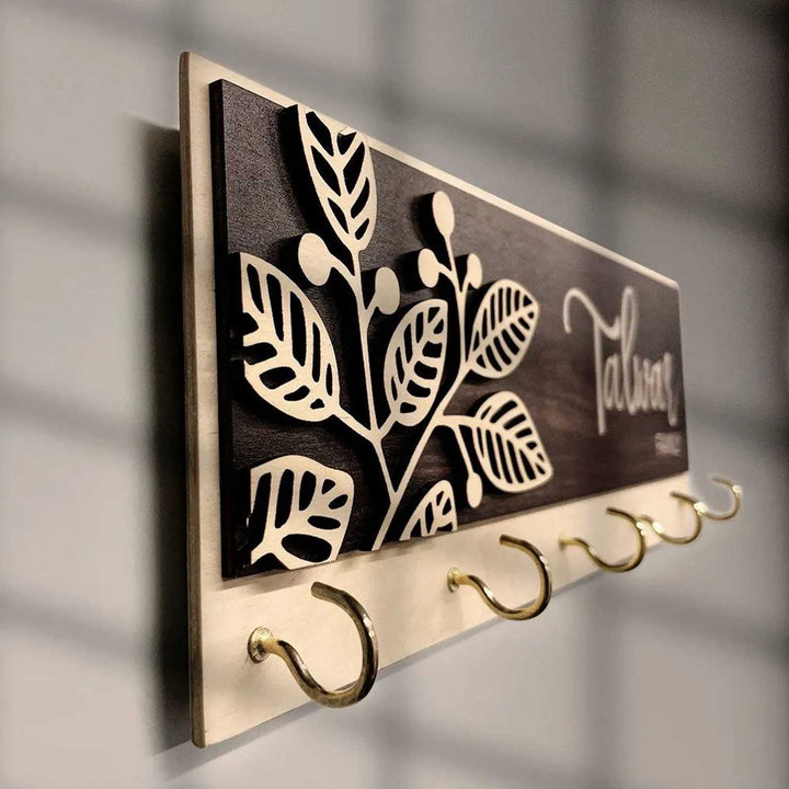 Printed Wooden Rectangle Nameplate With Key Holder - Side View Showing Depth and Hooks