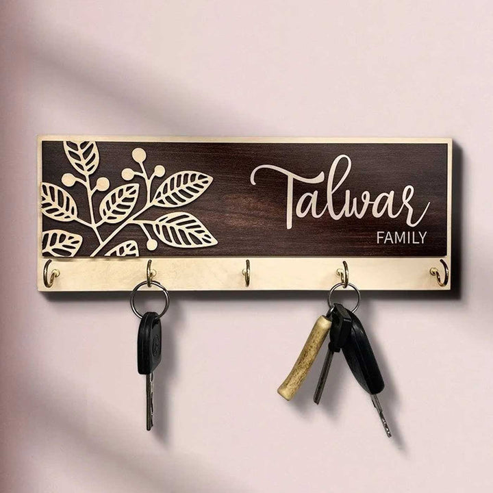 Printed Wooden Rectangle Nameplate With Key Holder - Front View with Keys Hanging