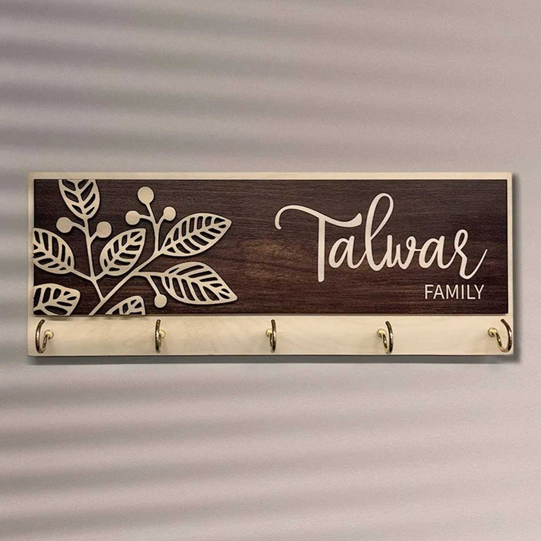 Printed Wooden Rectangle Nameplate With Key Holder - Frontal View with Name Personalization