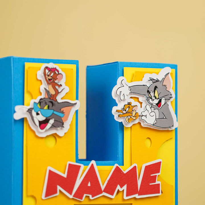 Personalized Printed Tom And Jerry 3D Cardstock Monogram For Kids - Front Close-up with Character Stickers