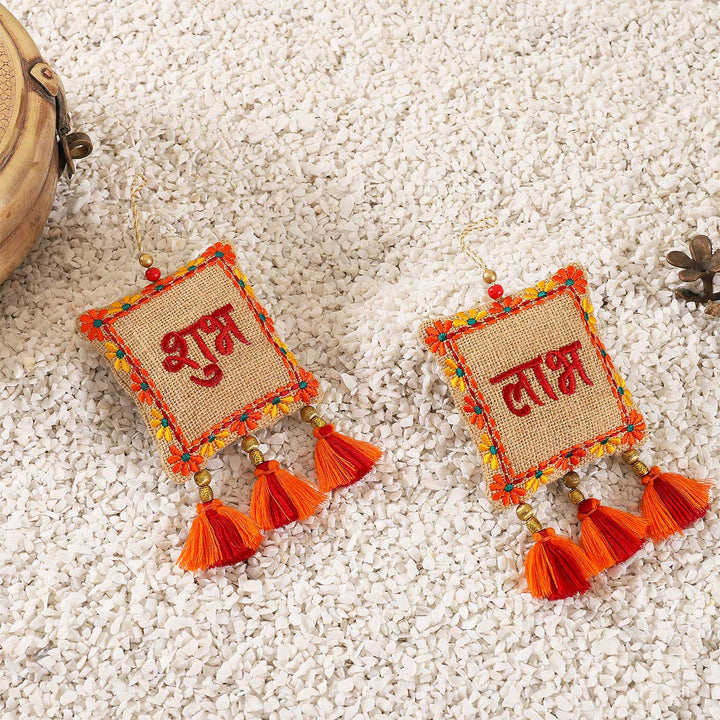 2 Pc | Handmade Embroidered Shubh Labh Jute Hanging