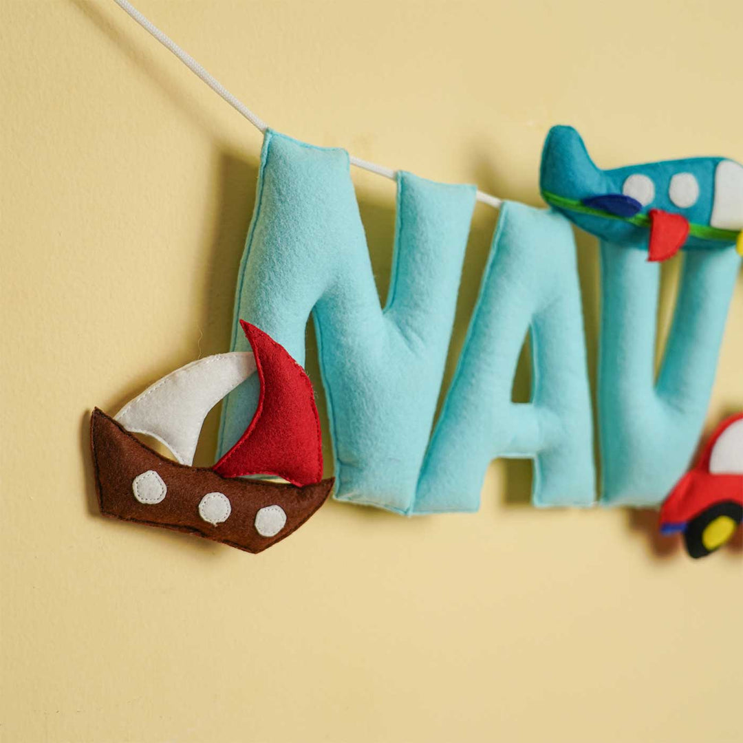 Personalized Handmade Transport Theme Felt Kids Bunting - Close-up of Hanging Letters and Shapes