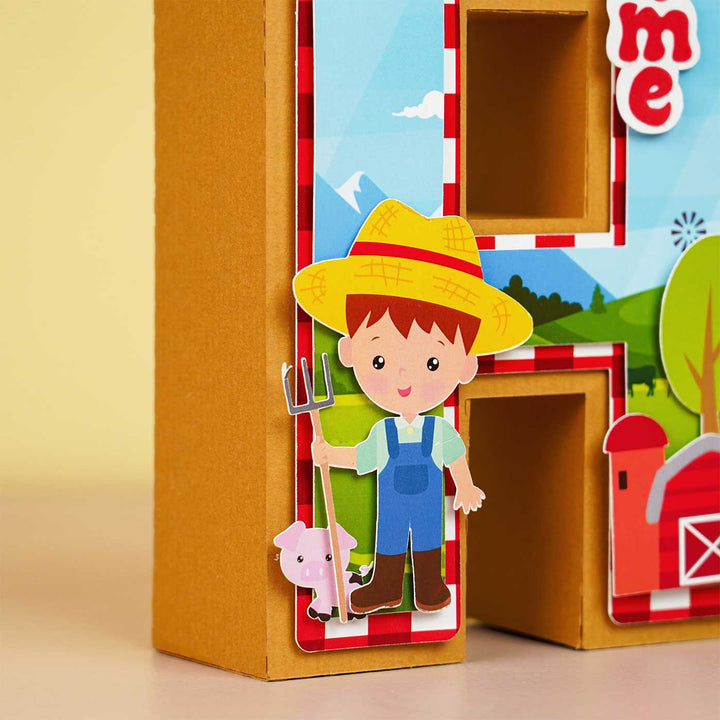 Personalized Printed Farm Theme For Boy 3D Cardstock Monogram - Close-up of Side with Character