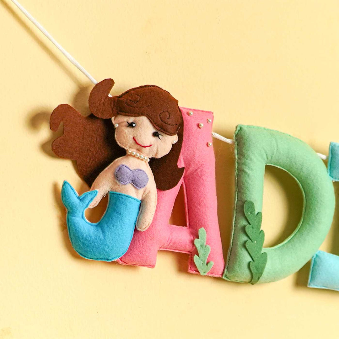 Personalized Handmade Mermaid Theme Felt Kids Bunting - Close-up of Hanging Felt Decoration