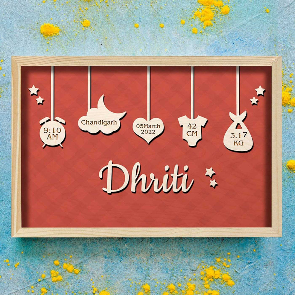 Personalized New Born Baby Framed Nameplate - Front View of Personalized Hanging Tags