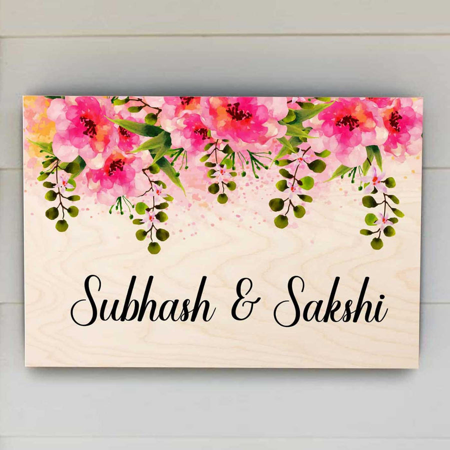 Printed Pink Floral Wooden Rectangle Nameplate - Front View with Name Personalization