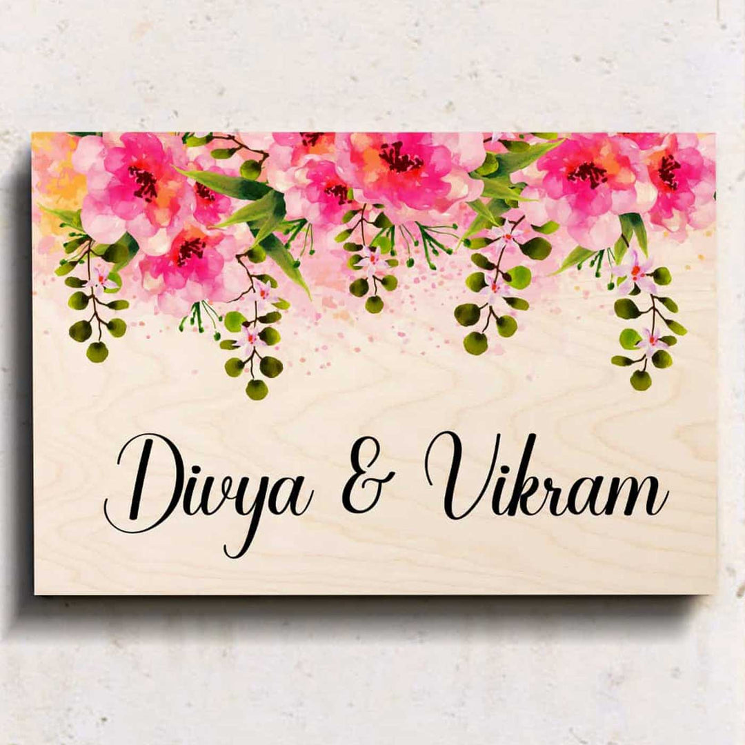Printed Pink Floral Wooden Rectangle Nameplate - Front View on Neutral Background