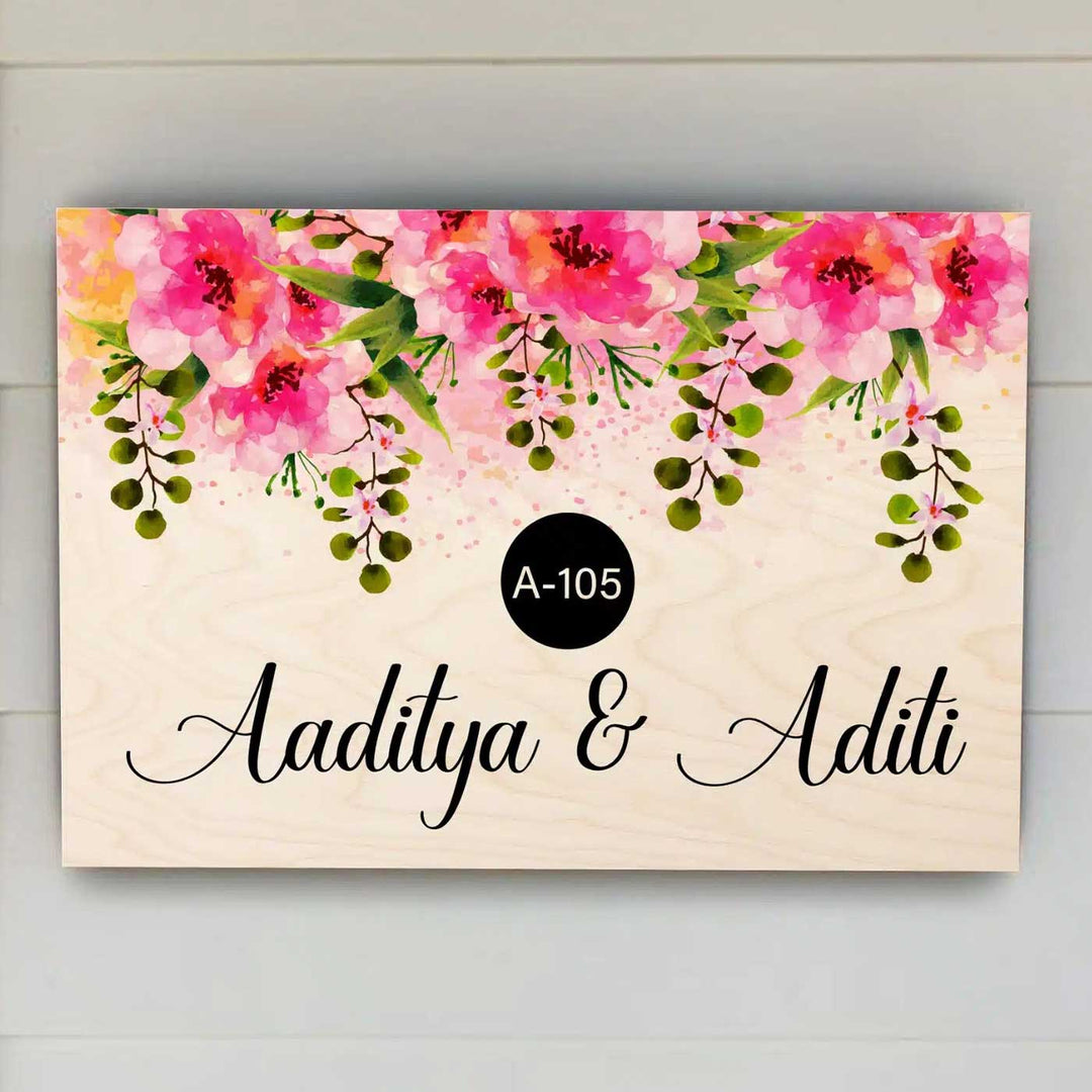 Printed Pink Floral Wooden Rectangle Nameplate - Front View Hanging on Wall