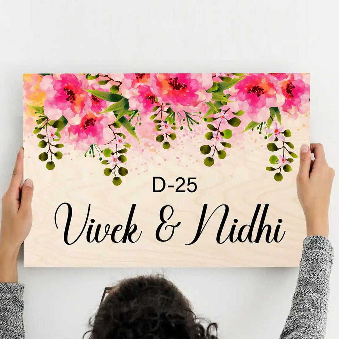 Printed Pink Floral Wooden Rectangle Nameplate - Name Personalization Example Held by Hands