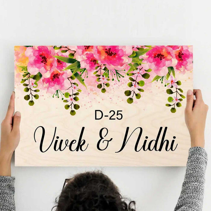 Printed Pink Floral Wooden Rectangle Nameplate - Name Personalization Example Held by Hands