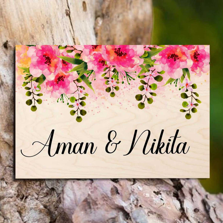 Printed Pink Floral Wooden Rectangle Nameplate - Front View with Floral Design