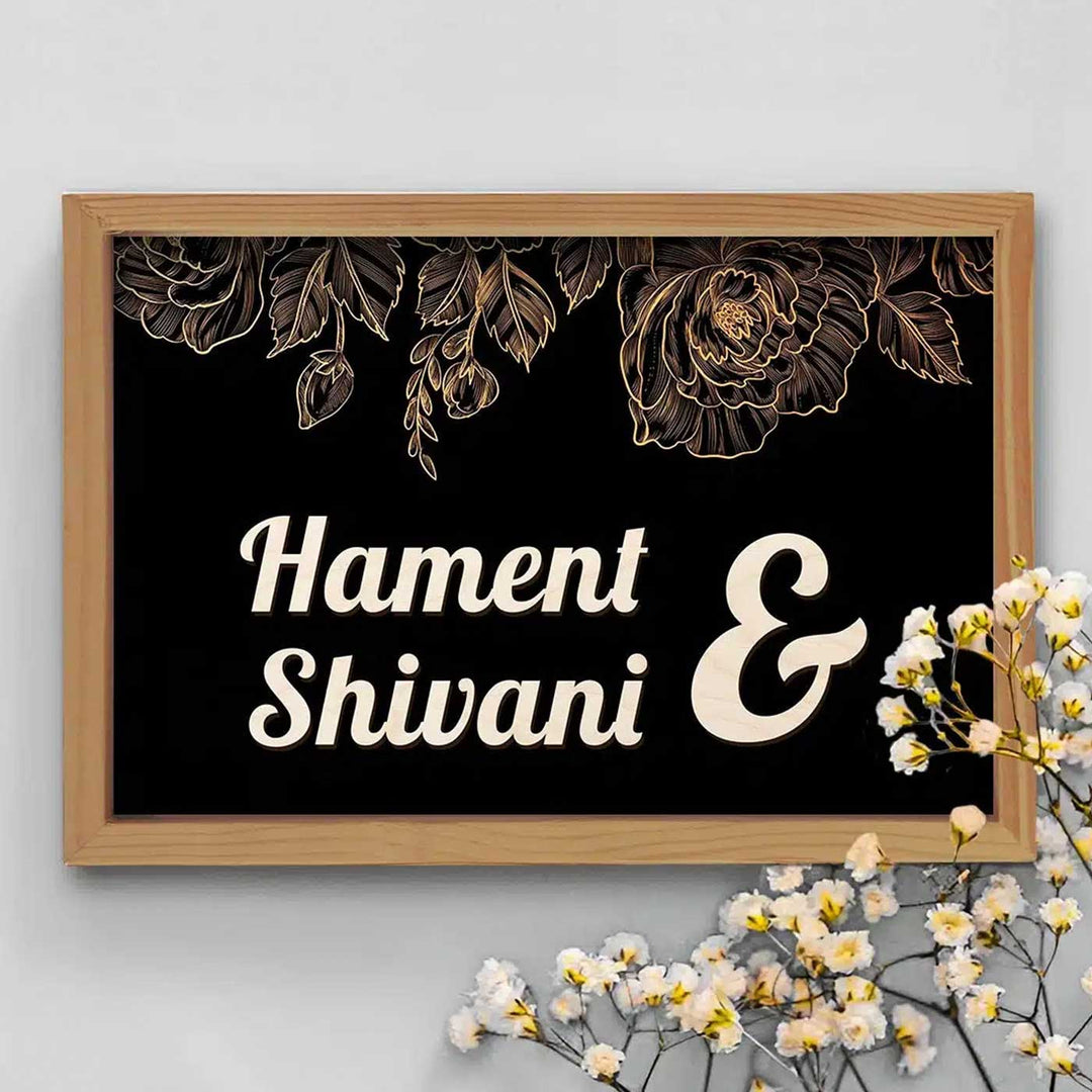 Printed Wooden Black Personalized Framed Nameplate For Couples - Framed Wall Hanging Front View