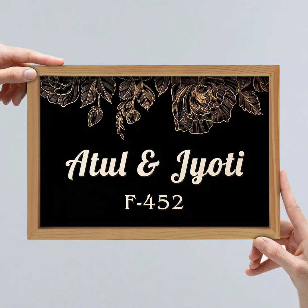 Printed Wooden Black Personalized Framed Nameplate For Couples - Framed Sign Held Front View