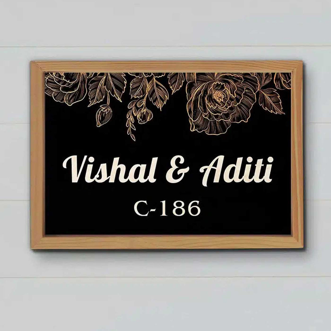 Printed Wooden Black Personalized Framed Nameplate For Couples - Front View Hanging on Wall