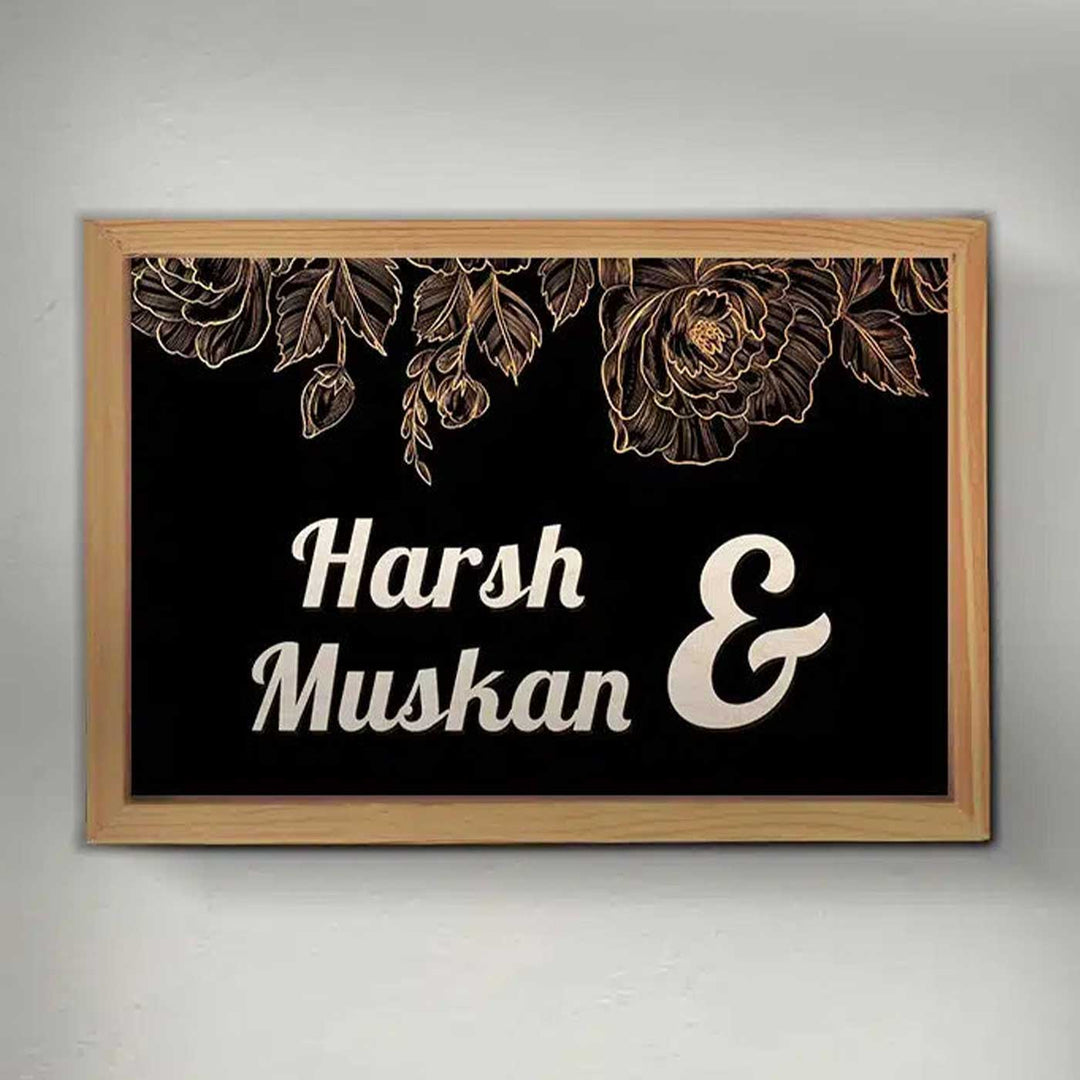 Printed Wooden Black Personalized Framed Nameplate For Couples - Front View of Personalized Sign
