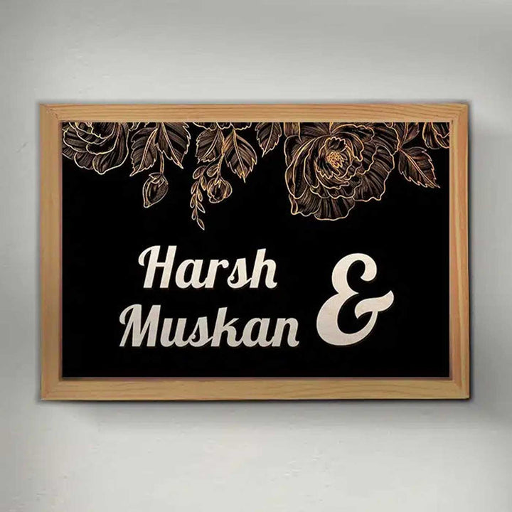 Printed Wooden Black Personalized Framed Nameplate For Couples - Front View of Personalized Sign