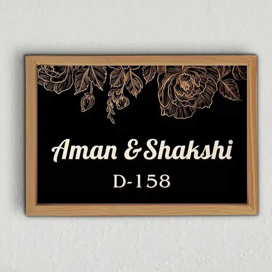 Printed Wooden Black Personalized Framed Nameplate For Couples - Front View Mounted on Wall