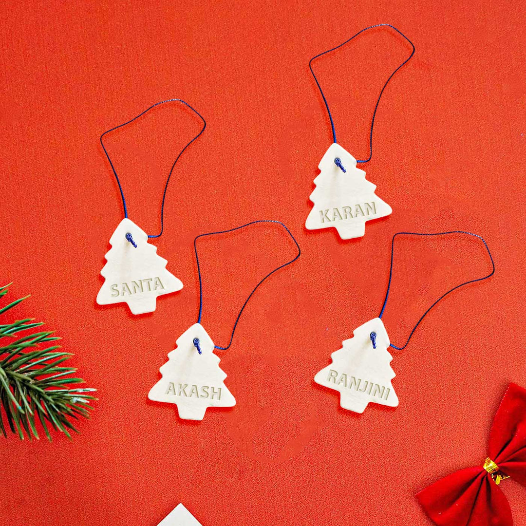 Set of 4 | Personalized Tree Embossed Clay Ornament For Christmas Tree Decoration