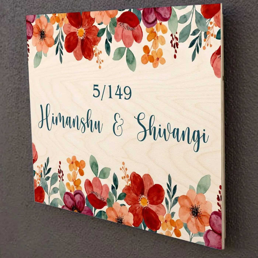 Printed Red Floral Wooden Rectangle Nameplate - Side Angle Mounted on Wall
