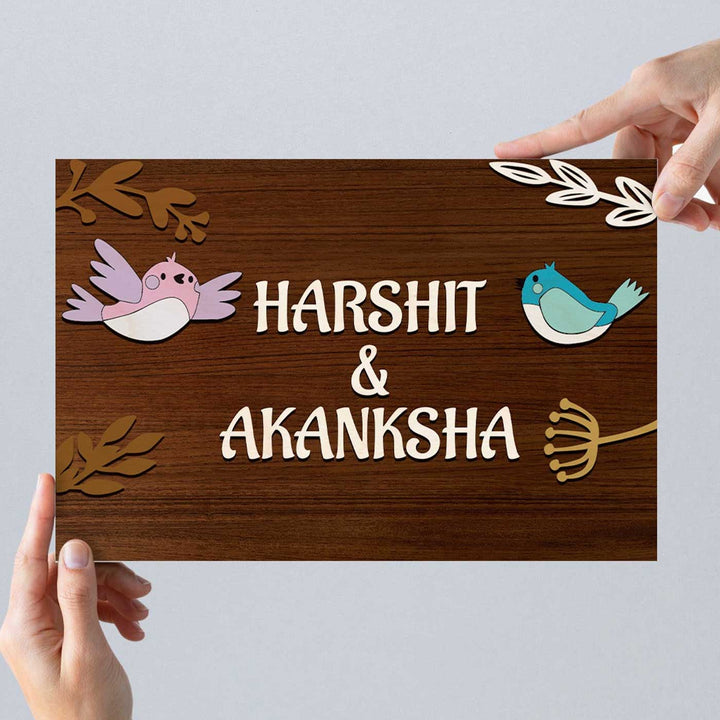 Personalized Printed Wooden 3D Birds Nameplate For Couples - Held in Hands Showing Front View