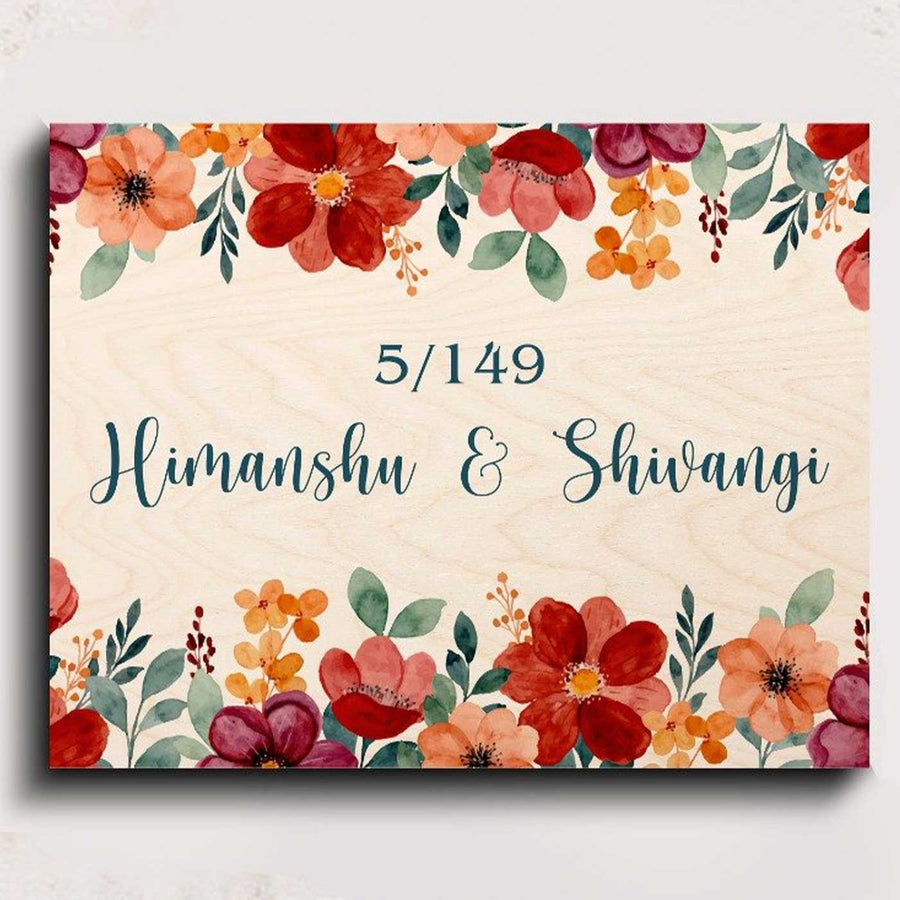 Printed Red Floral Wooden Rectangle Nameplate - Front View Showing Text and Design