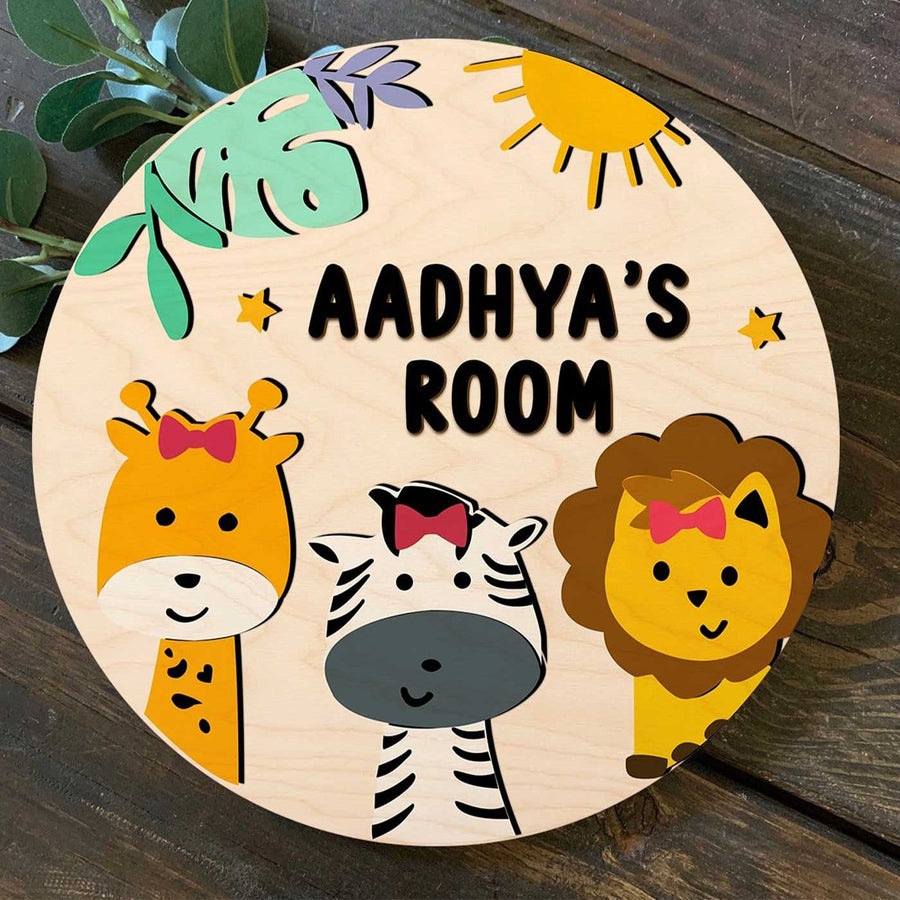 Kids Circular 3D Jungle Themed Wooden Nameplate - Top-down View with Personalized Text
