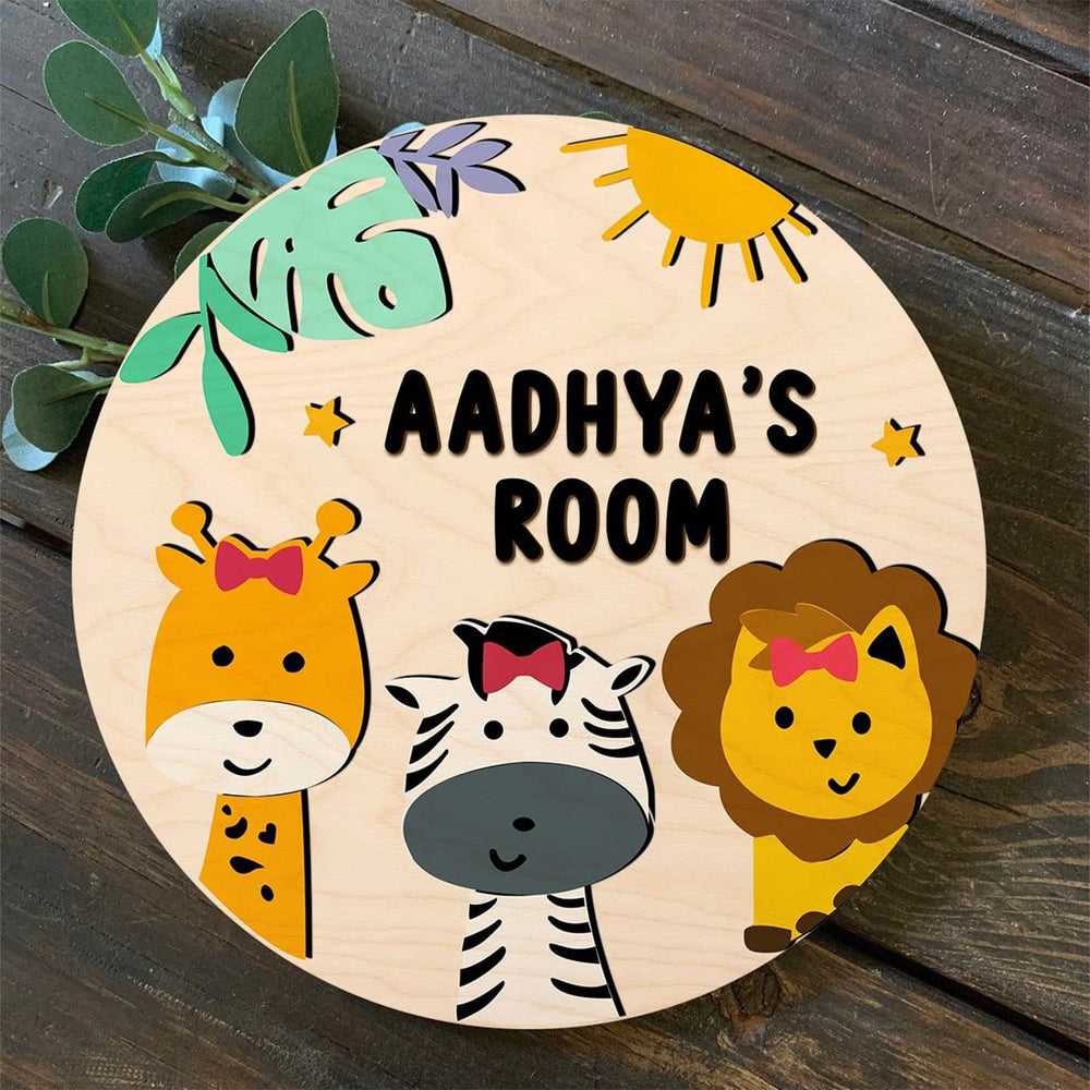 Kids Circular 3D Jungle Themed Wooden Nameplate - Name Personalization Example Front View