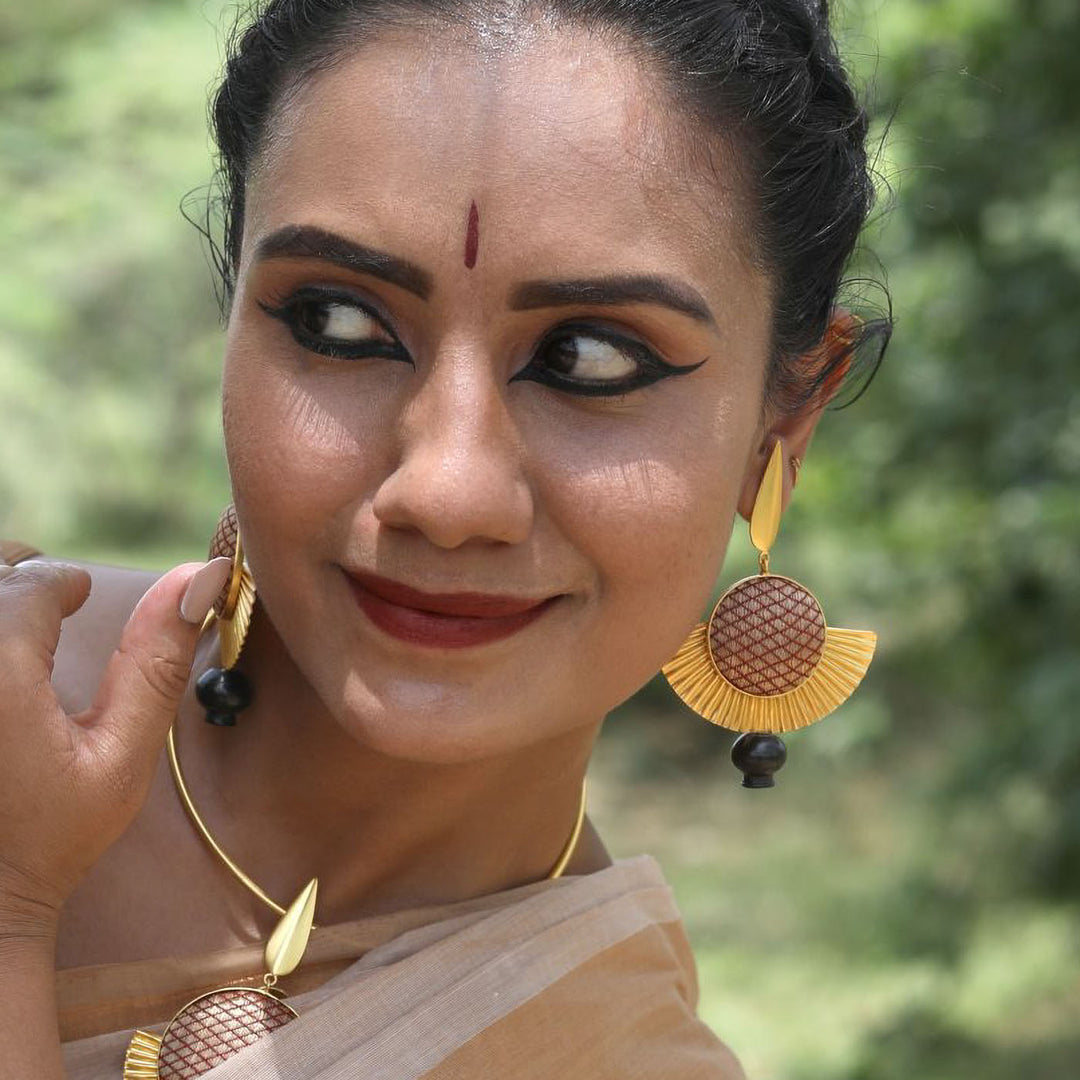 Statement Handmade Beige Zari Drapping Gold Plated Earrings | 22K Gold Plated