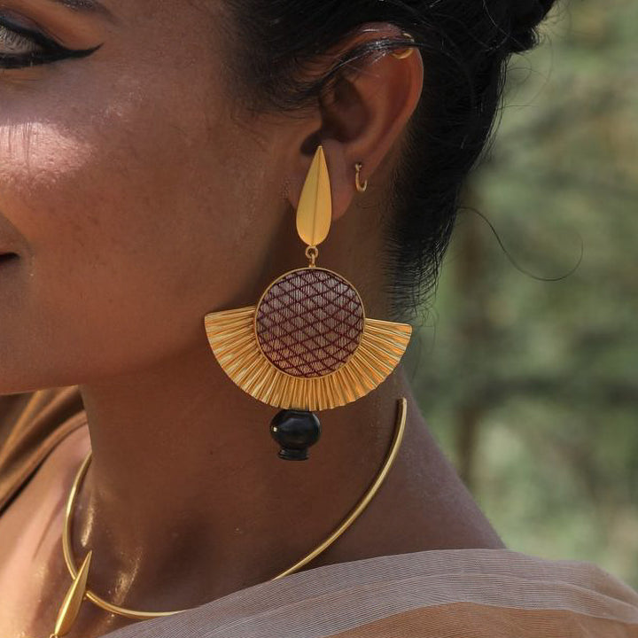 Statement Handmade Beige Zari Drapping Gold Plated Earrings | 22K Gold Plated