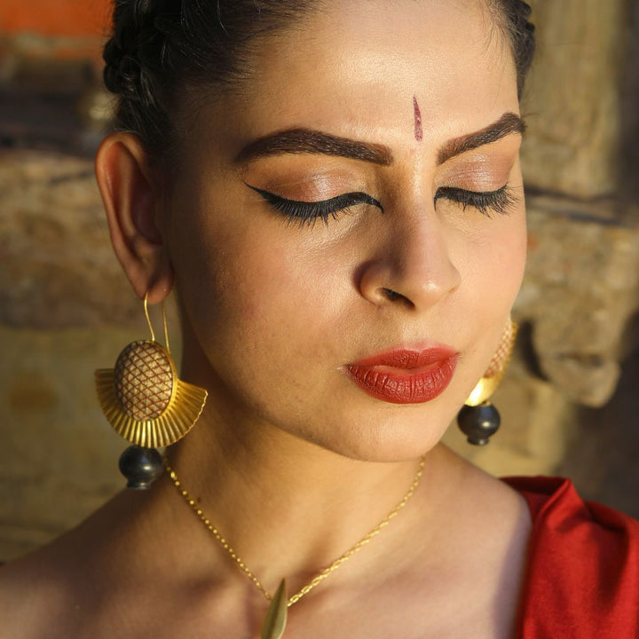 Contemporary Handmade Beige Zari Drapping With Pot Earrings | 22K Gold Plated