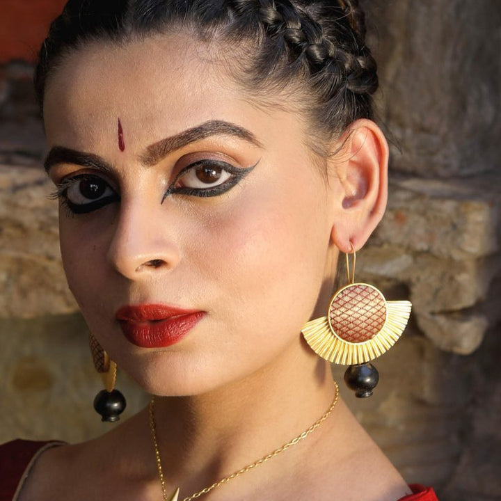 Contemporary Handmade Beige Zari Drapping With Pot Earrings | 22K Gold Plated