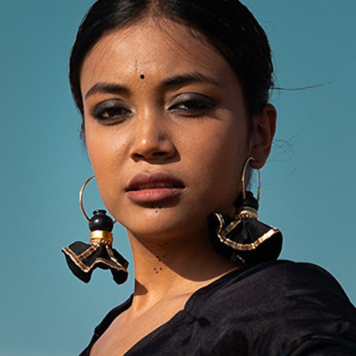 Statement Handmade Pot With Black Swang Hoop Brass Earrings | 22K Gold Plated