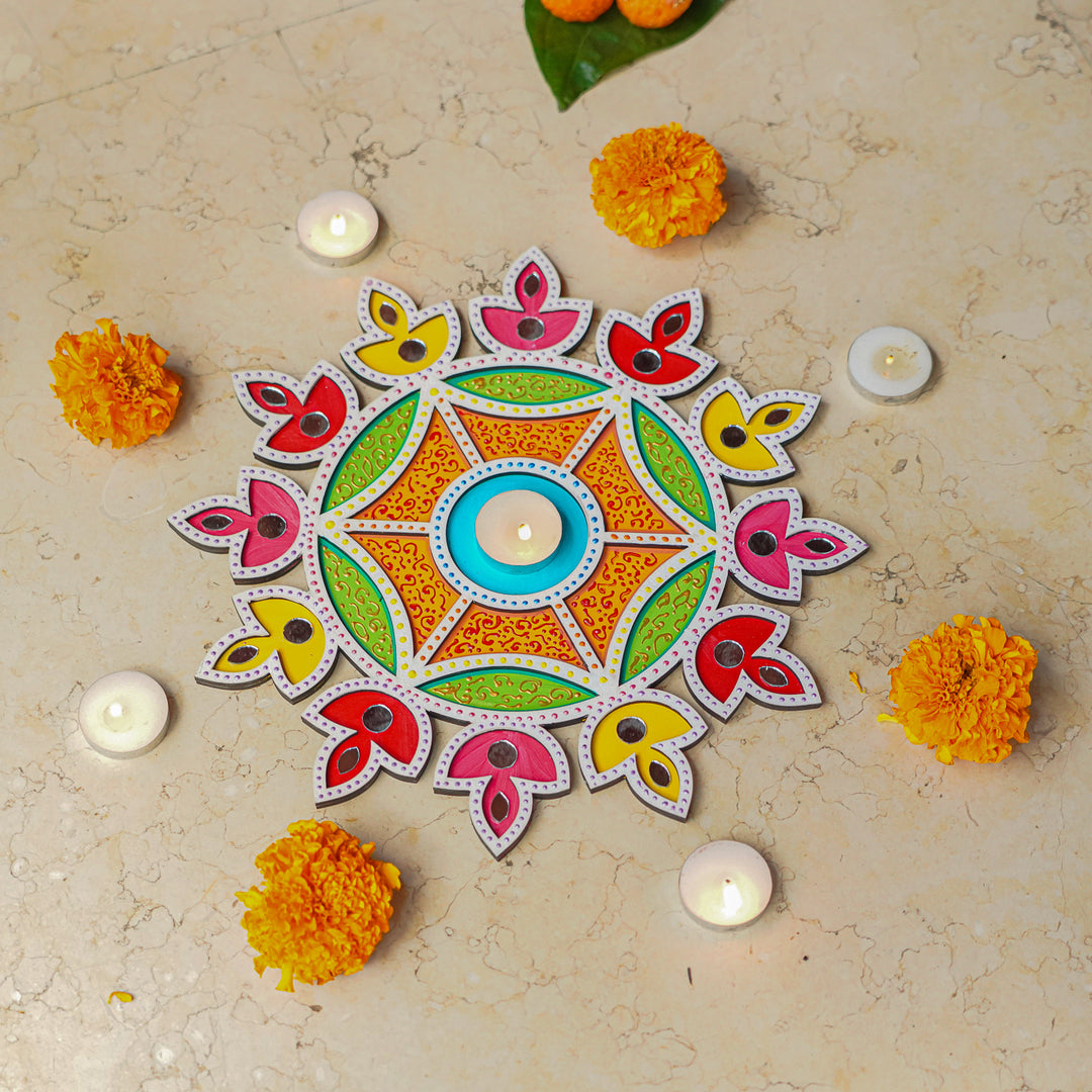 Hand-Painted Mirror Work Multicolor Diya Rangoli