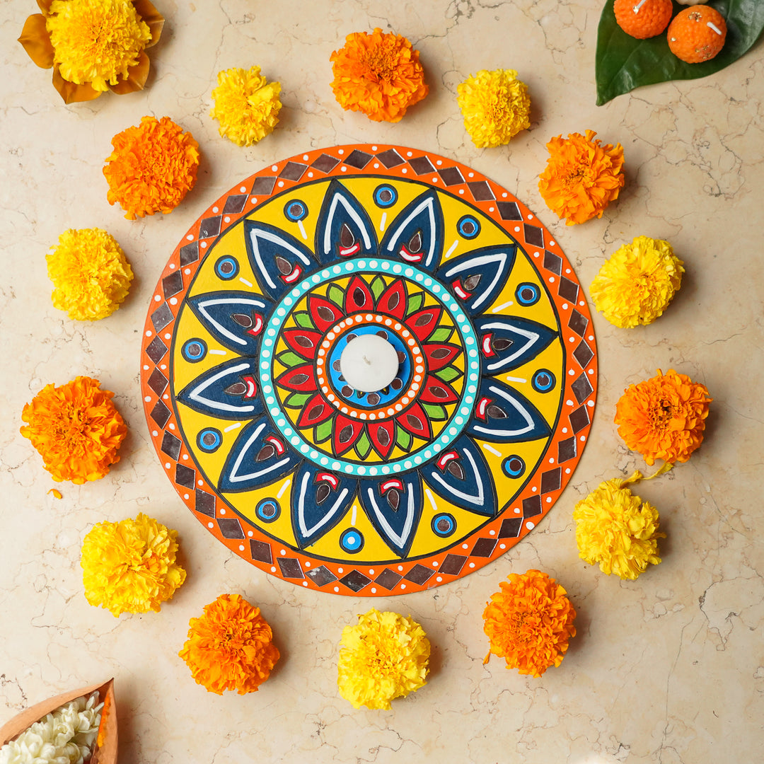 Hand-Painted Mirror Work Floral Mandala Rangoli