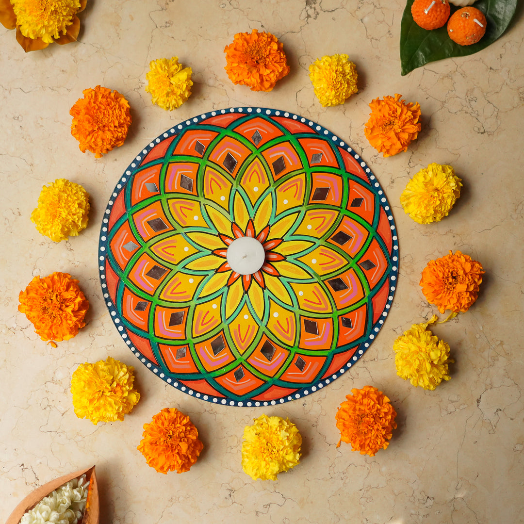 Hand-Painted Mirror Work Round Spiral Rangoli