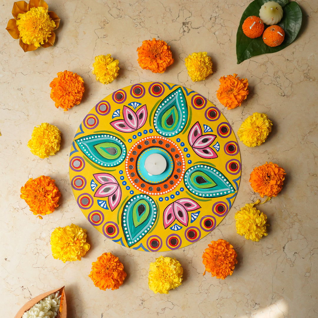Hand-Painted Round Lotus Motif MDF Wood Rangoli