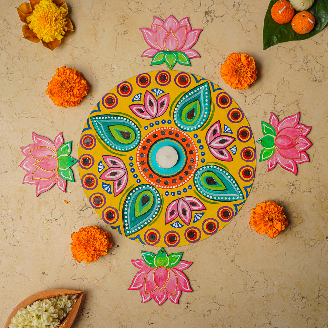 Hand-Painted Mirror Work Lotus Theme MDF Wood Rangoli | Set Of 5
