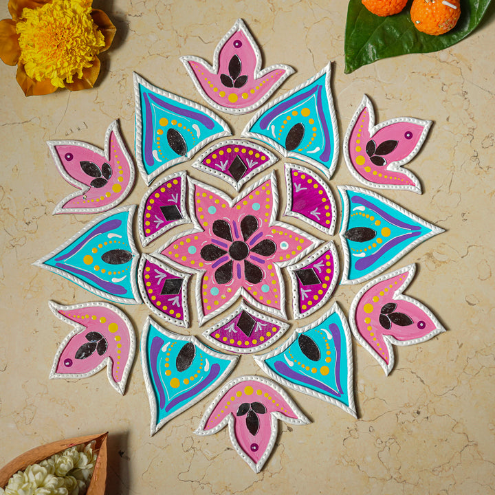 Hand-Painted Mirror Work Blue & Pink Floral Rangoli | Set Of 19