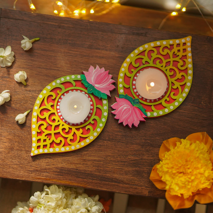 Hand-Painted Devashita Lotus MDF Wood Tealight Holder | Set Of 2