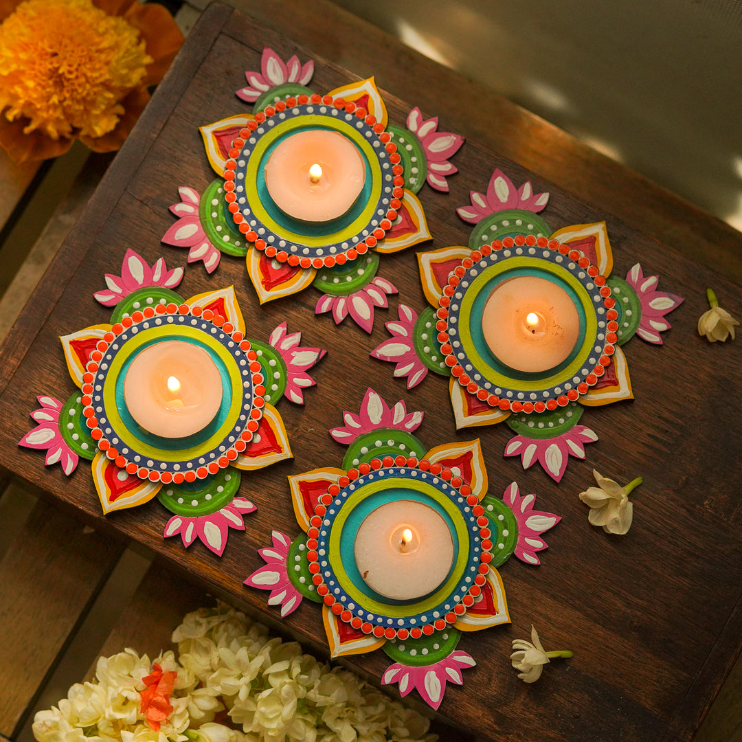 Hand-Painted Decorative Lotus MDF Wood Tealight Holder